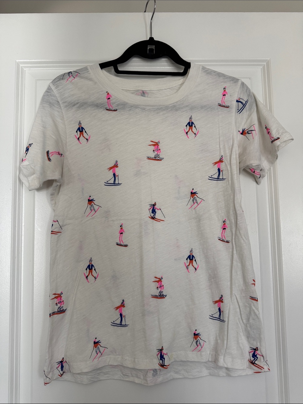 J. Crew White Tee with Pink and Navy Skier Graphic